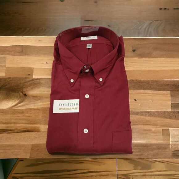 MEN'S VAN HEUSEN WRINKLE FREE BORDEAUX (BURGUNDY) LONG SLEEVE DRESS SHIRT - Picture 1 of 3